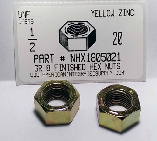 1/2-20 FINISHED HEX NUT GRADE 8  STEEL YELLOW ZINC PLATED