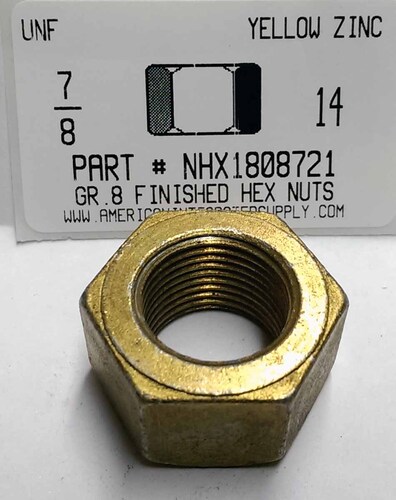 7/8-14 FINISHED HEX NUT GRADE 8  STEEL YELLOW ZINC PLATED