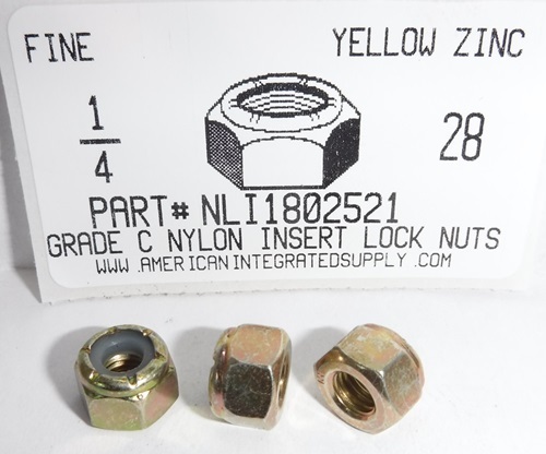 1/4-28 HEX NYLON INSERT LOCK NUT NE SERIES GRADE C STEEL YELLOW ZINC PLATED