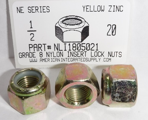 1/2-20 HEX NYLON INSERT LOCK NUT NE SERIES GRADE C STEEL YELLOW ZINC PLATED