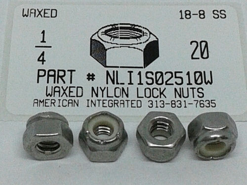 1/4-20 HEX NYLON INSERT LOCK NUTS NE SERIES 18-8 STAINLESS STEEL WAXED