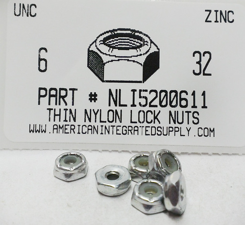 #6-32 THIN HEX NYLON INSERT LOCK NUT NTM STYLE STEEL ZINC PLATED