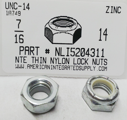 7/16-14 THIN HEX NYLON INSERT LOCK NUT NTE STYLE STEEL ZINC PLATED