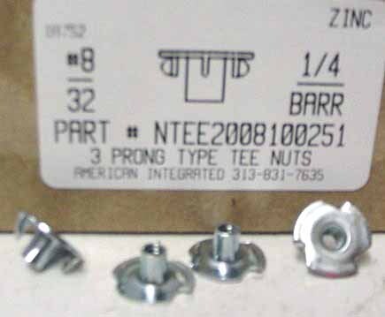 #8-32X1/4 BARREL 3 PRONG TEE NUT STEEL ZINC PLATED