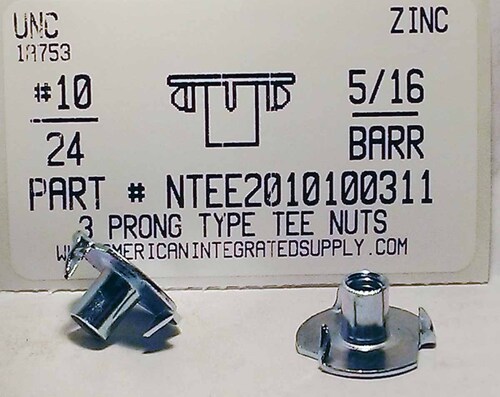 #10-24X5/16 BARREL 3 PRONG TEE NUT STEEL ZINC PLATED