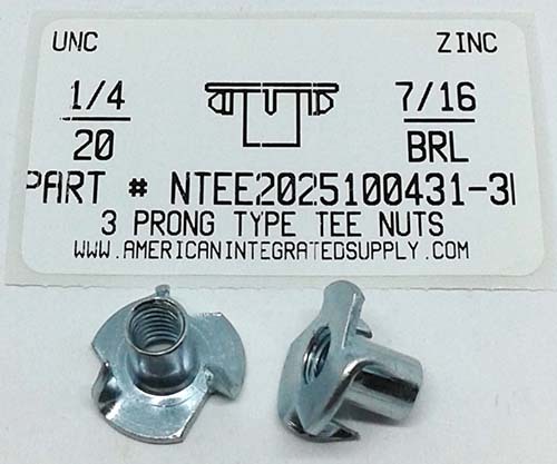 1/4-20X7/16 BARREL 3 PRONG TEE NUT STEEL ZINC PLATED