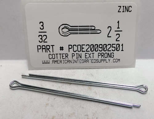 3/32X2-1/2 COTTER PIN EXTENDED PRONG STEEL ZINC PLATED