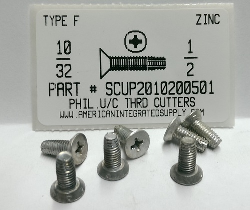 #10-32X1/2 UNDERCUT FLAT HEAD PHILLIPS THREAD CUTTING SCREW TYPE F STEEL ZINC PLATED