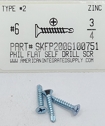 #6X3/4 FLAT HEAD PHILLIPS SELF DRILLING SCREW #2 POINT STEEL ZINC PLATED