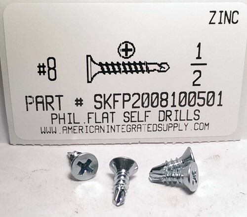 #8X1/2 FLAT HEAD PHILLIPS SELF DRILLING SCREW #2 POINT STEEL ZINC PLATED