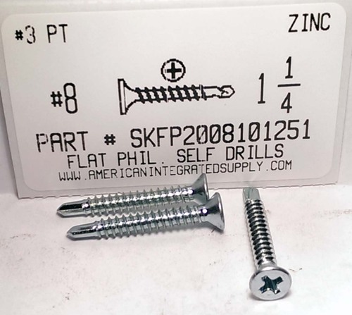 #8X1-1/4 FLAT HEAD PHILLIPS SELF DRILLING SCREW #2 POINT STEEL ZINC PLATED