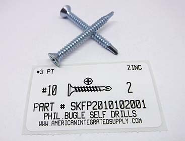 #10X2 FLAT HEAD PHILLIPS SELF DRILLING SCREW #3 POINT STEEL ZINC PLATED