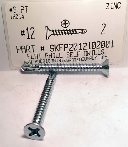 #12X2 FLAT HEAD PHILLIPS SELF-DRILLING SCREW #3 POINT STEEL ZINC PLATED