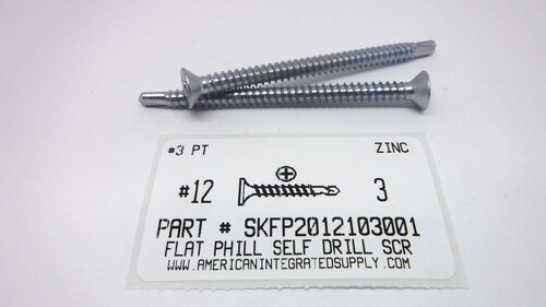 #12X3 FLAT HEAD PHILLIPS SELF-DRILLING SCREW #3 POINT  STEEL ZINC PLATED