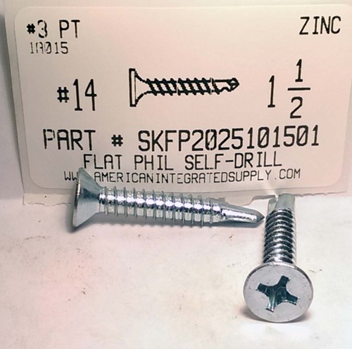 #14X1-1/2 FLAT HEAD PHILLIPS SELF-DRILLING SCREW #3 POINT  STEEL ZINC PLATED