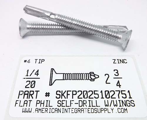 1/4-20X2-3/4 FLAT HEAD PHILLIPS WINGED SELF-DRILLING SCREW STEEL ZINC PLATED 2" WOOD TO .250" METAL