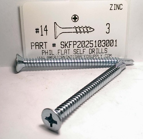 #14X3 FLAT HEAD PHILLIPS SELF-DRILLING SCREW #3 POINT STEEL ZINC PLATED