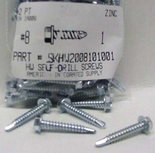 #8X1 HEX WASHER HEAD SELF DRILLING SCREW #2 POINT STEEL ZINC PLATED