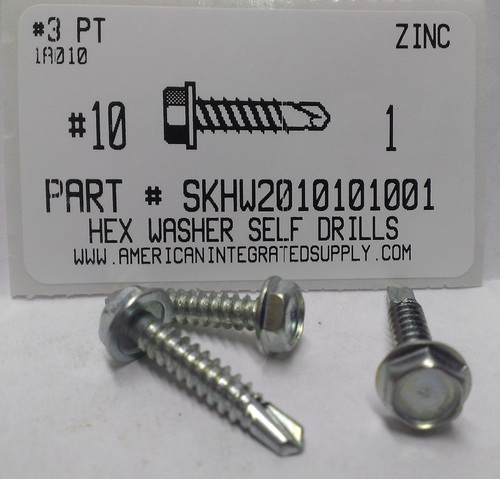 #10X1 HEX WASHER HEAD SELF DRILLING SCREW #3 POINT STEEL ZINC PLATED