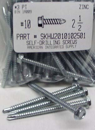 #10X2-1/2 HEX WASHER HEAD SELF DRILLING SCREW #3 POINT STEEL ZINC PLATED