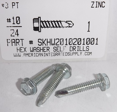 #10-24X1 HEX WASHER HEAD SELF DRILING SCREW #3 POINT STEEL ZINC PLATED