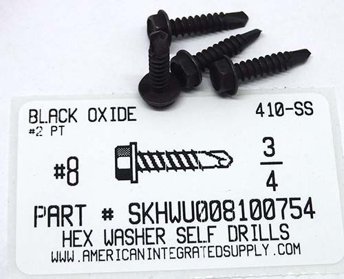 #8X3/4 HEX WASHER HEAD SELF-DRILLING SCREW #2 POINT 410 STAINLESS STEEL BLACK OXIDE