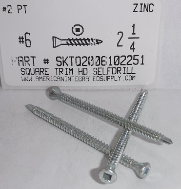 #6X2-1/4 TRIM HEAD SQUARE DRIVE SELF DRILLING SCREW #2 POINT STEEL ZINC PLATED