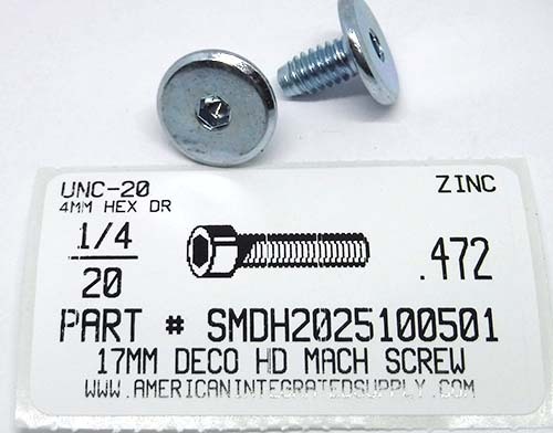 1/4-20X.472 17MM DECORATIVE HEAD MACH SCREW STEEL ZINC PLATED 4MM HEX DRIVE