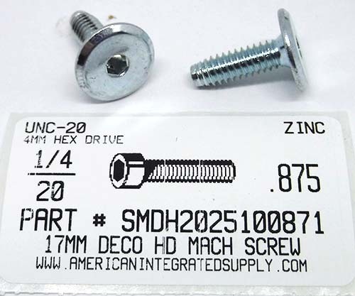 1/4-20X.787" 17MM DECORATIVE HEAD MACH SCREW STEEL ZINC PLATED 4MM HEX DRIVE