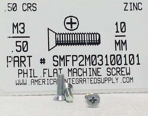 M3-.50X10mm FLAT HEAD PHILLIPS MACHINE SCREW STEEL ZINC D965