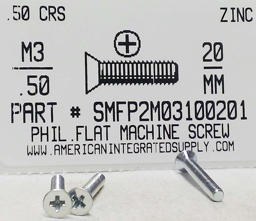 M3-.50X20mm FLAT HEAD PHILLIPS MACHINE SCREW STEEL ZINC D965