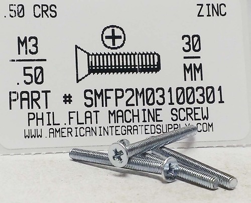 M3-.50X30mm FLAT HEAD PHILLIPS MACHINE SCREW STEEL ZINC D965