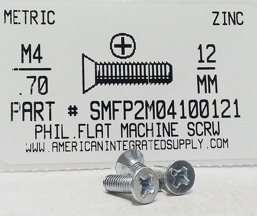 M4-.70X12mm FLAT HEAD PHILLIPS MACHINE SCREW STEEL ZINC D965