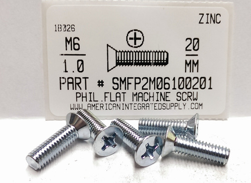 M6-1.00X20mm FLAT HEAD PHILLIPS MACHINE SCREW STEEL ZINC D965