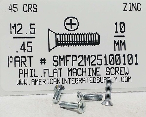 M2.5-.45X10mm FLAT HEAD PHILLIPS MACHINE SCREW STEEL ZINC D965