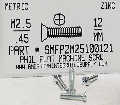 M2.5-.45X12mm FLAT HEAD PHILLIPS MACHINE SCREW STEEL ZINC D965