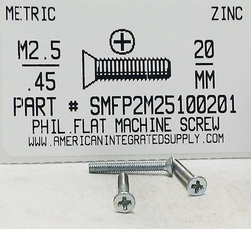 M2.5-.45X20mm FLAT HEAD PHILLIPS MACHINE SCREW STEEL ZINC D965