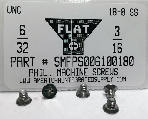 #6-32X3/16 FLAT HEAD UNDERCUT PHILLIPS MACHINE SCREW 18-8 STAINLESS STEEL