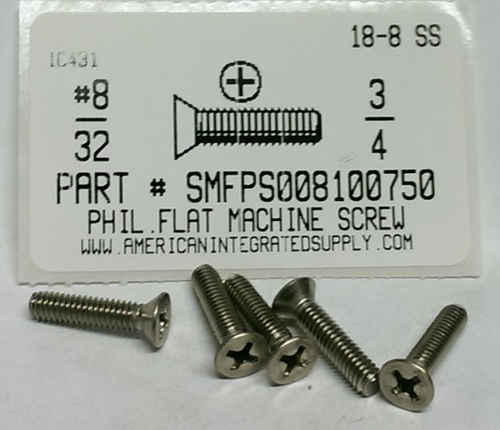 #8-32X3/4 FLAT HEAD PHILLIPS MACHINE SCREW 18-8 STAINLESS STEEL