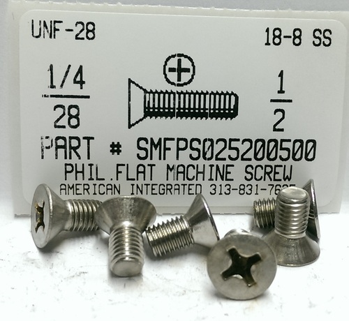 1/4-28X1/2 FLAT HEAD PHILLIPS MACHINE SCREW 18-8 STAINLESS STEEL