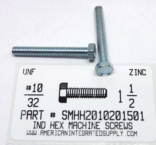 #10-32X1-1/2 INDENTED HEX HEAD MACHINE SCREW STEEL ZINC PLATED