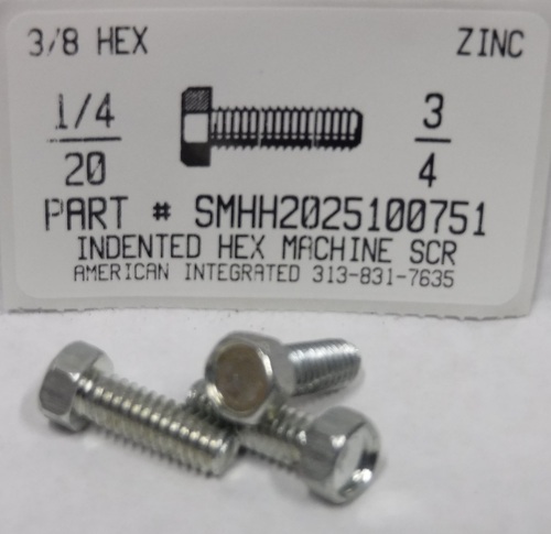 1/4-20X3/4 3/8" INDENTED HEX HEAD MACHINE SCREW STEEL ZINC PLATED