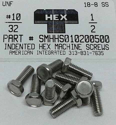 #10-32X1/2 INDENTED HEX HEAD MACHINE SCREW 18-8 STAINLESS STEEL