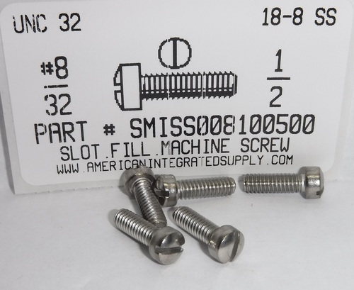 #8-32X1/2 FILLISTER HEAD SLOTTED MACHINE SCREW 18-8 STAINLESS STEEL