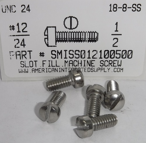 #12-24X1/2 FILLISTER HEAD SLOTTED MACHINE SCREW 18-8 STAINLESS STEEL