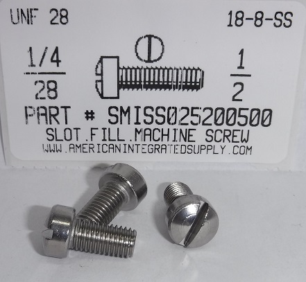 1/4-28X1/2 FILLISTER HEAD SLOTTED MACHINE SCREW 18-8 STAINLESS STEEL