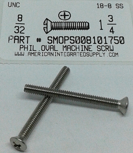 #8-32X1-3/4 OVAL HEAD PHILLIPS MACHINE SCREW 18-8 STAINLESS STEEL