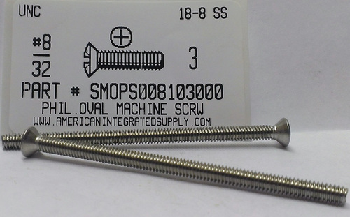 #8-32X3 OVAL HEAD PHILLIPS MACHINE SCREW 18-8 STAINLESS STEEL