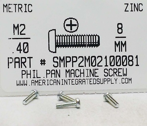 M2-.40X8mm PAN HEAD PHILLIPS MACHINE SCREW STEEL ZINC D7985