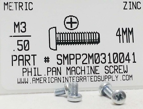 M3-.50X4mm PAN HEAD PHILLIPS MACHINE SCREW STEEL ZINC D7985